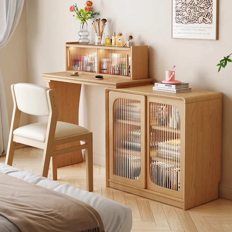 实木梳妆台原木风卧室办公桌一体斗柜小户型L型收纳柜转角化妆桌