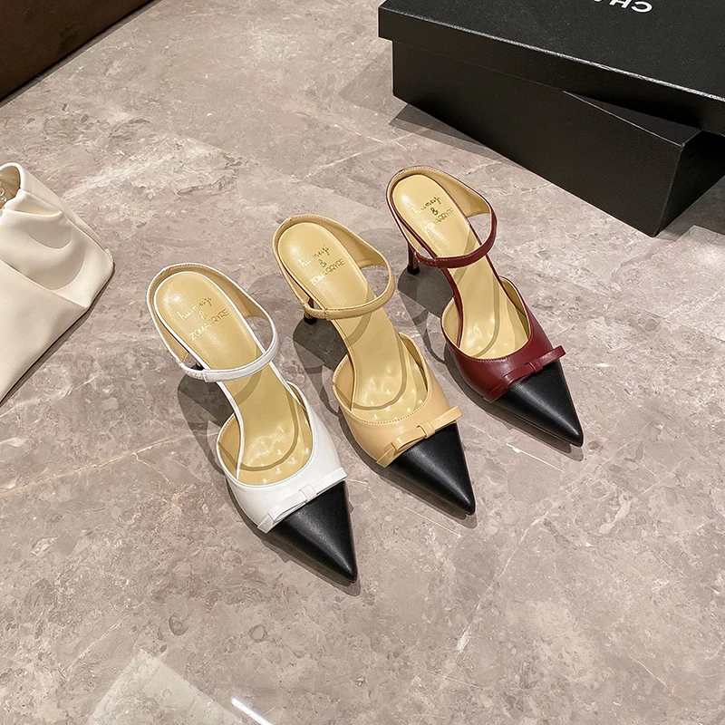 2025夏季新款尖头细跟后空凉鞋性感拼接蝴蝶结浅口百搭法式单鞋女