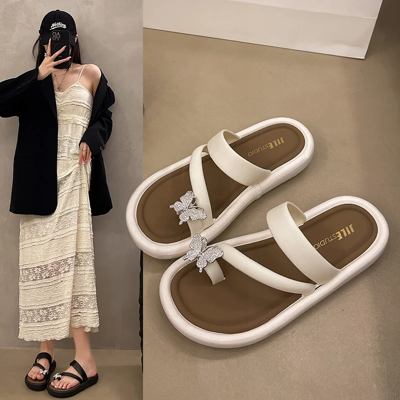 几乐2024新款蝴蝶带钻套趾交叉日常夏季百搭沙滩鞋韩版拖鞋时尚