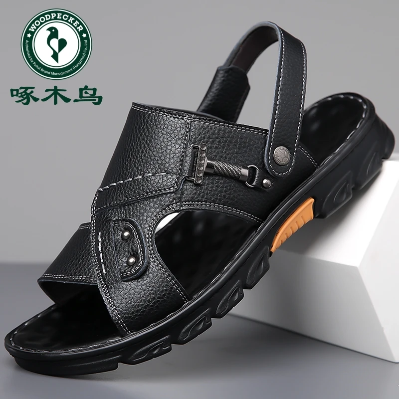 啄木鸟男鞋夏新款休闲头层牛皮软底防滑时尚百搭两穿凉拖沙滩鞋