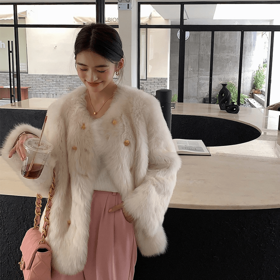 复古轻奢 羊羔毛双排扣皮草大衣托斯卡纳皮毛一体外套女