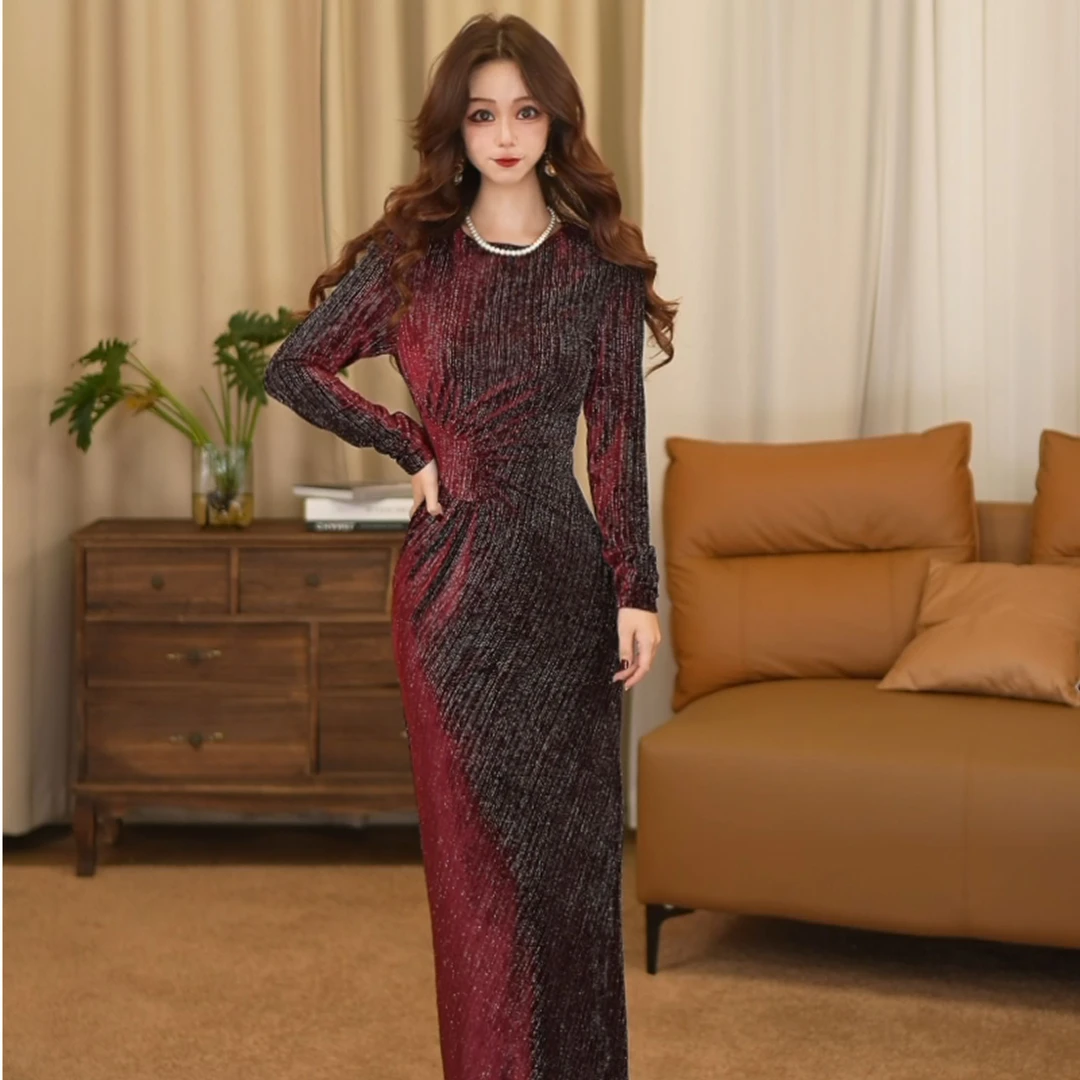 【考拉】秋冬圣诞新款高贵气质显瘦鱼尾优雅修身收腰连衣裙-SW0590