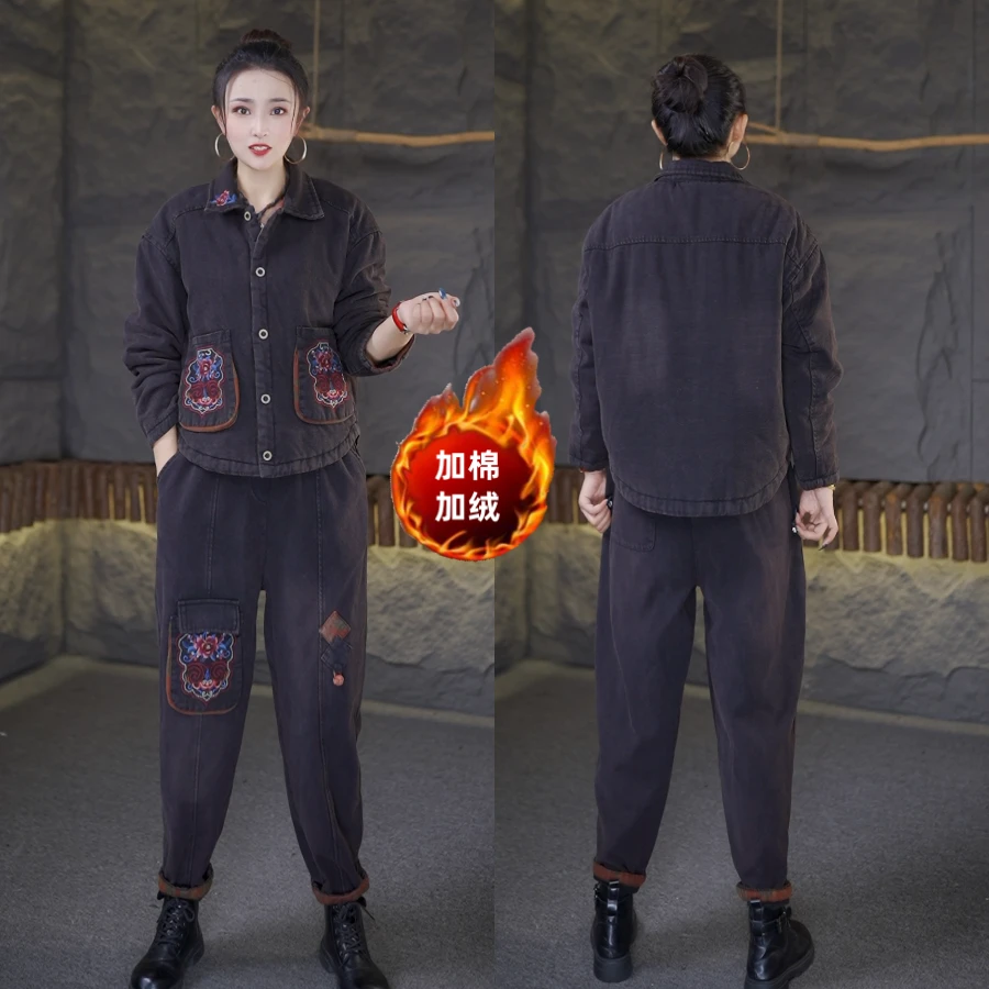 冬季新款上新款时尚宽松水洗加厚牛仔棉衣棉服加绒裤子套装2501