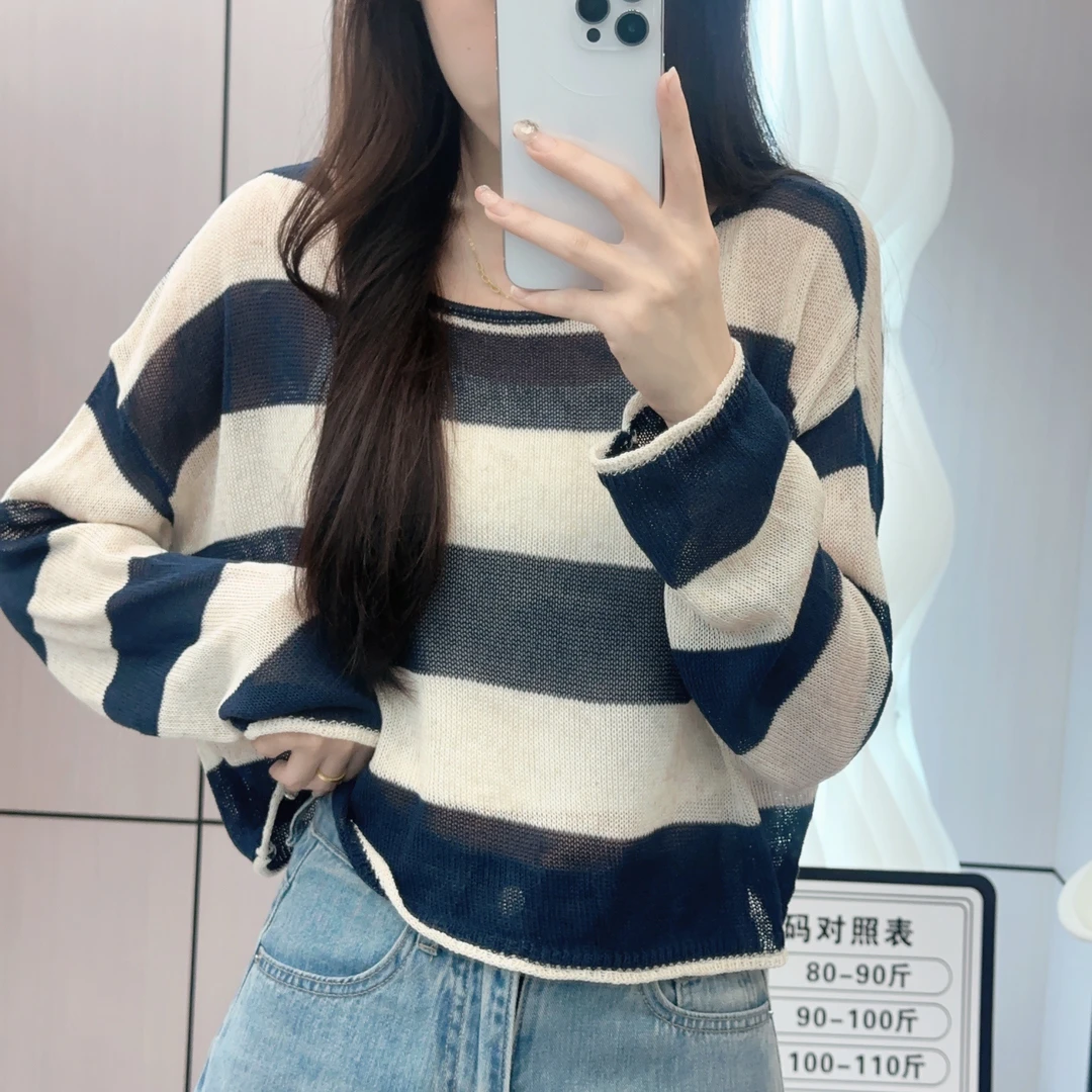 7269慵懒风圆领条纹针织衫上衣女宽松套头罩衫