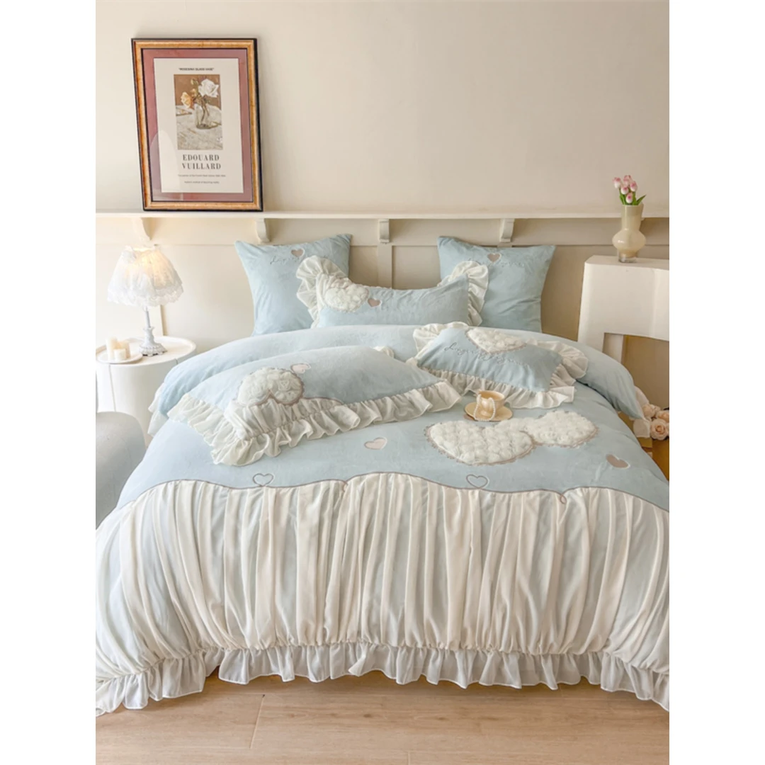 水星系列家纺少女心牛奶绒四件套秋冬季加厚珊瑚绒高级感蕾丝花边