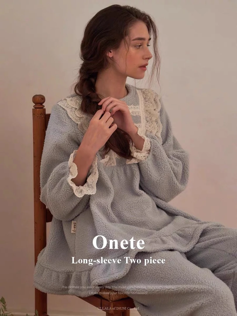 【树下优品】韩国UL家/睡衣冬甜美蕾丝花边长袖羊羔绒家居服24265