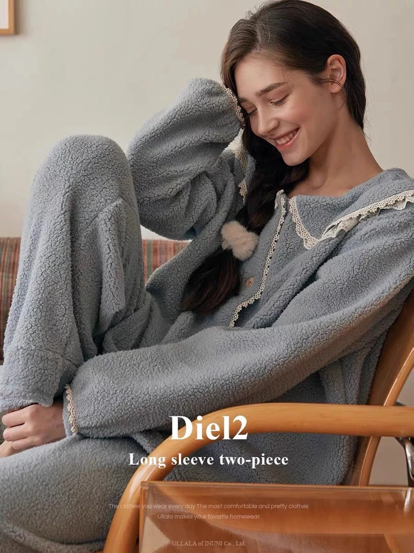 韩国ULLALA /秋冬羊羔绒纯色甜美娃娃领珊瑚绒睡衣套装24260