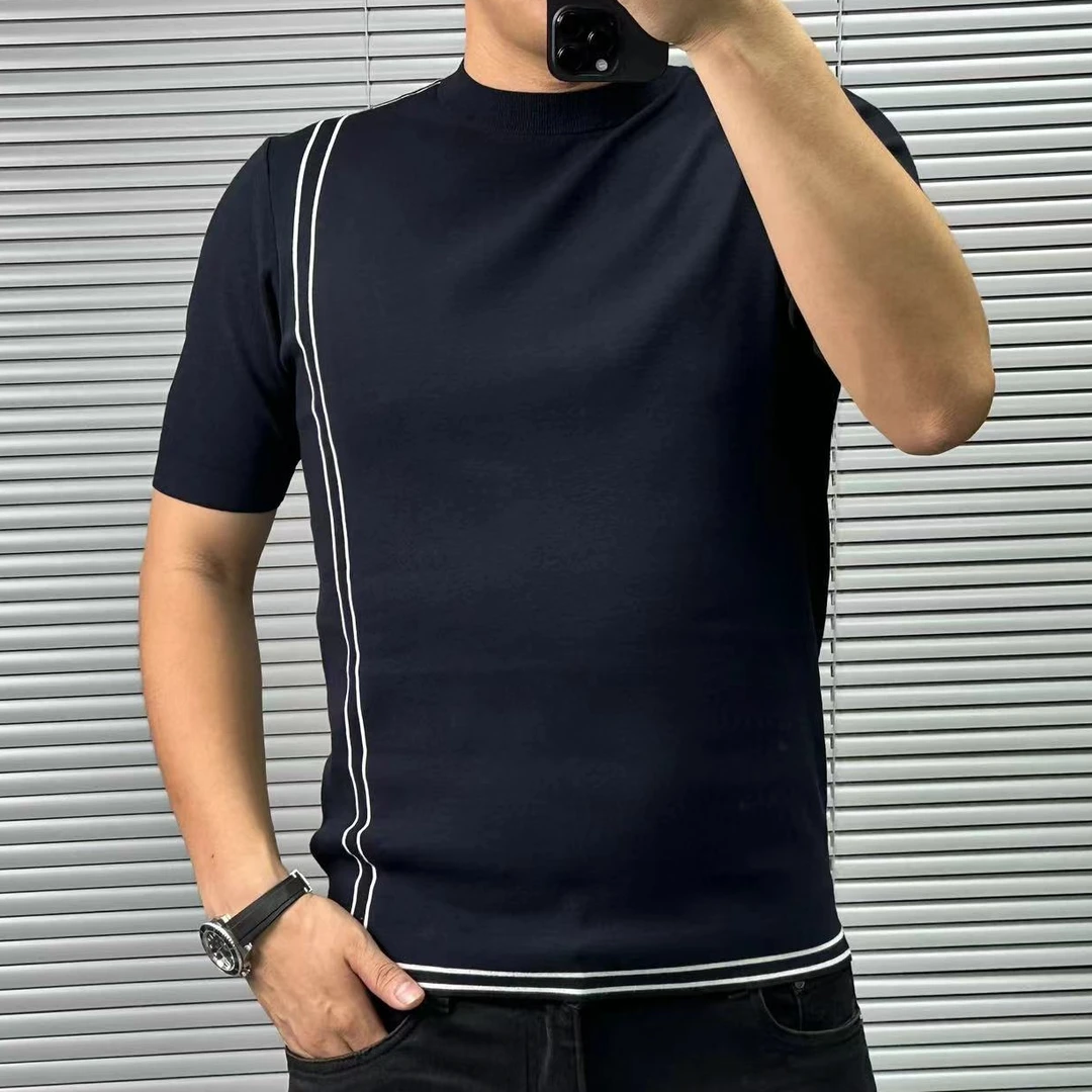 【巴尔赫】2025新款轻奢高品质男士时尚撞色条纹针织短袖11817