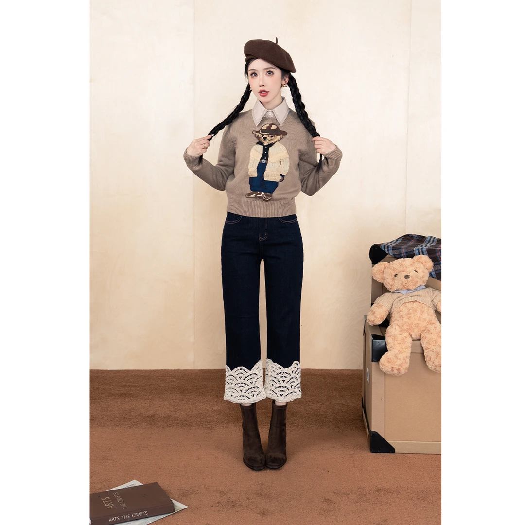 清-毛妮Peshe【流苏小熊】2024秋冬刺绣圆领卡通宽松时髦毛衣D9938