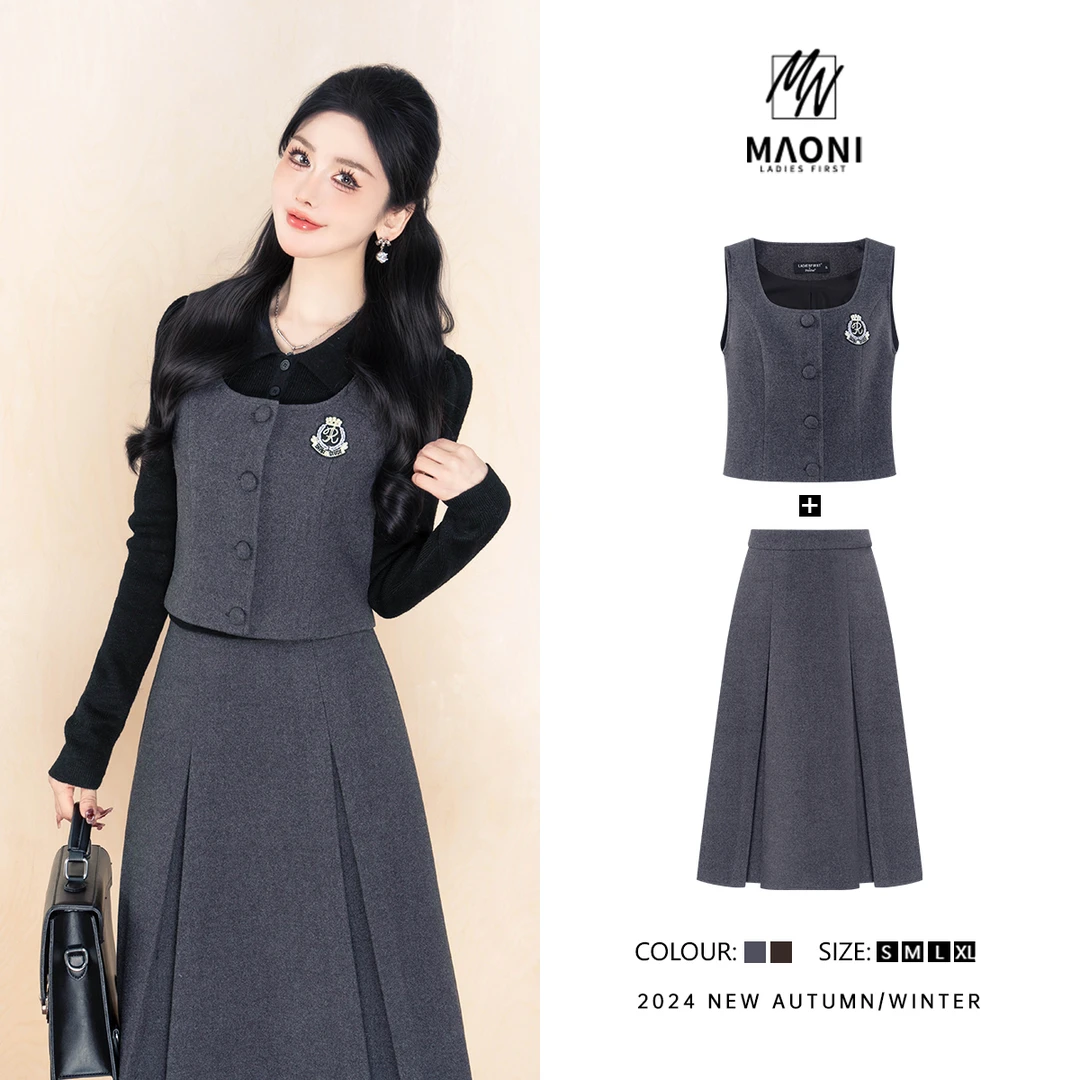 清-毛妮Peshe【美院艺术生】2024秋冬英伦风马甲+半身裙套装 L1021