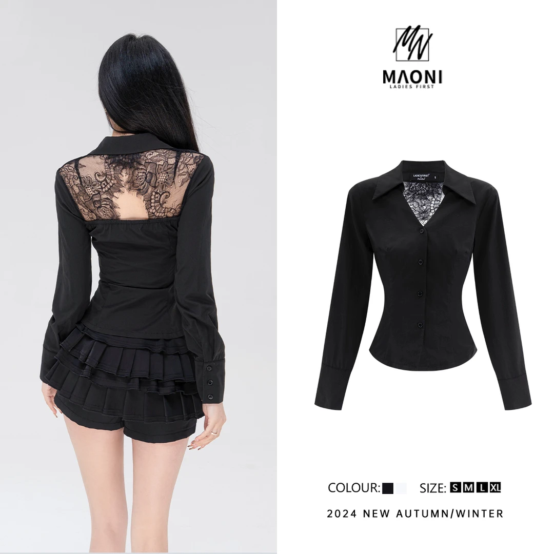 清-毛妮Peshe【蕾丝露背】时髦拼接拼接性感气质长袖衬衫百搭D9511