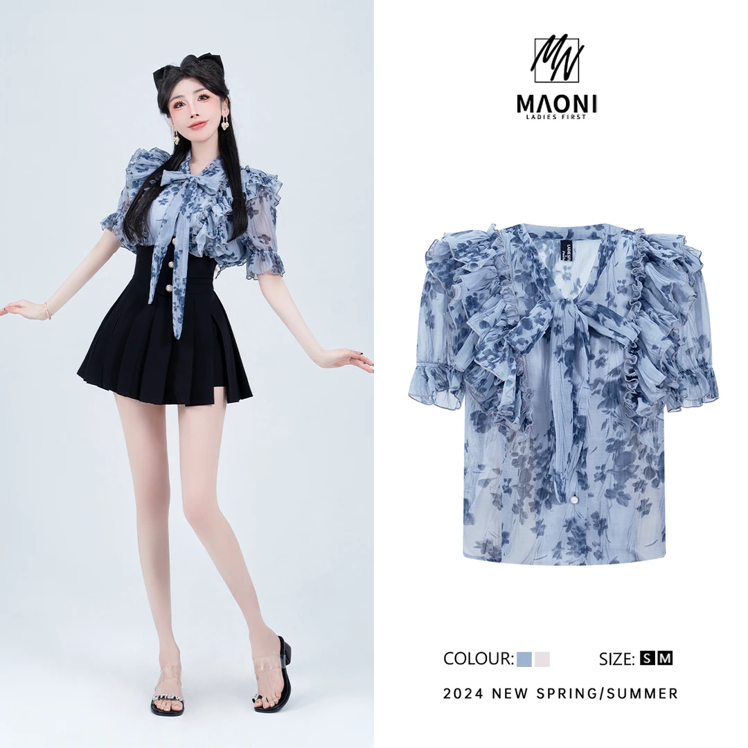 毛妮Peshe【法式温柔】2025夏季花色气质百搭衬衫上衣D9240