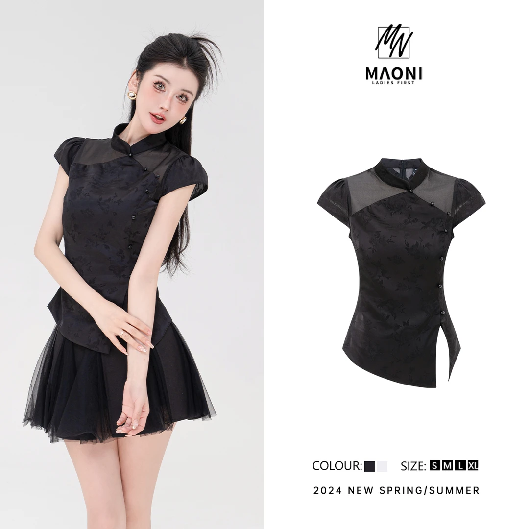 清-毛妮Peshe【白玉兰】2024夏款 新中式国风不规则时髦T恤女D9403