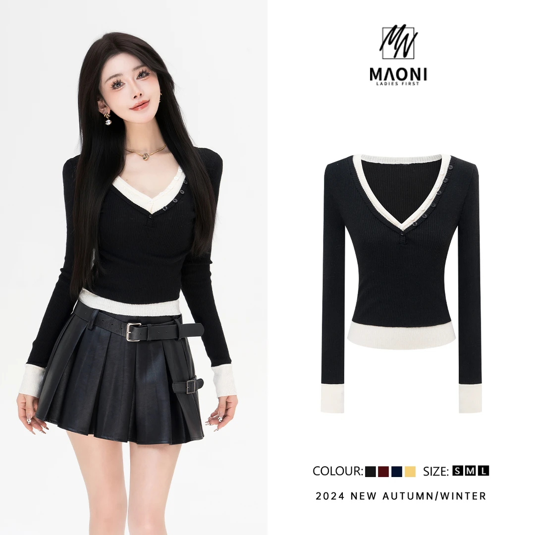 清-毛妮Peshe【余晖风毛衣】2024秋冬穿搭拼色假两件垫肩毛衣D9929