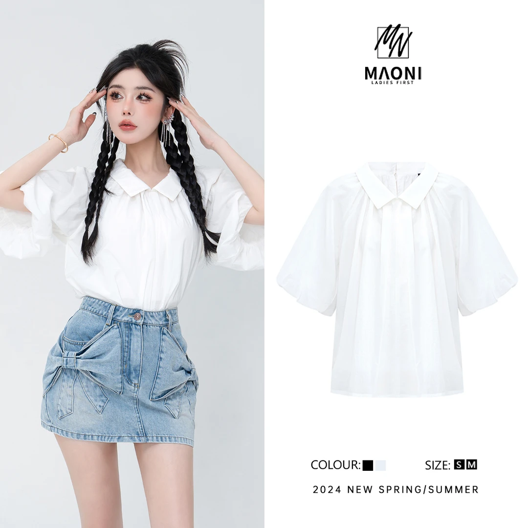 清-毛妮Peshe【气质简约】2024夏款纯色衬衣短袖减龄衬衫上衣D9235