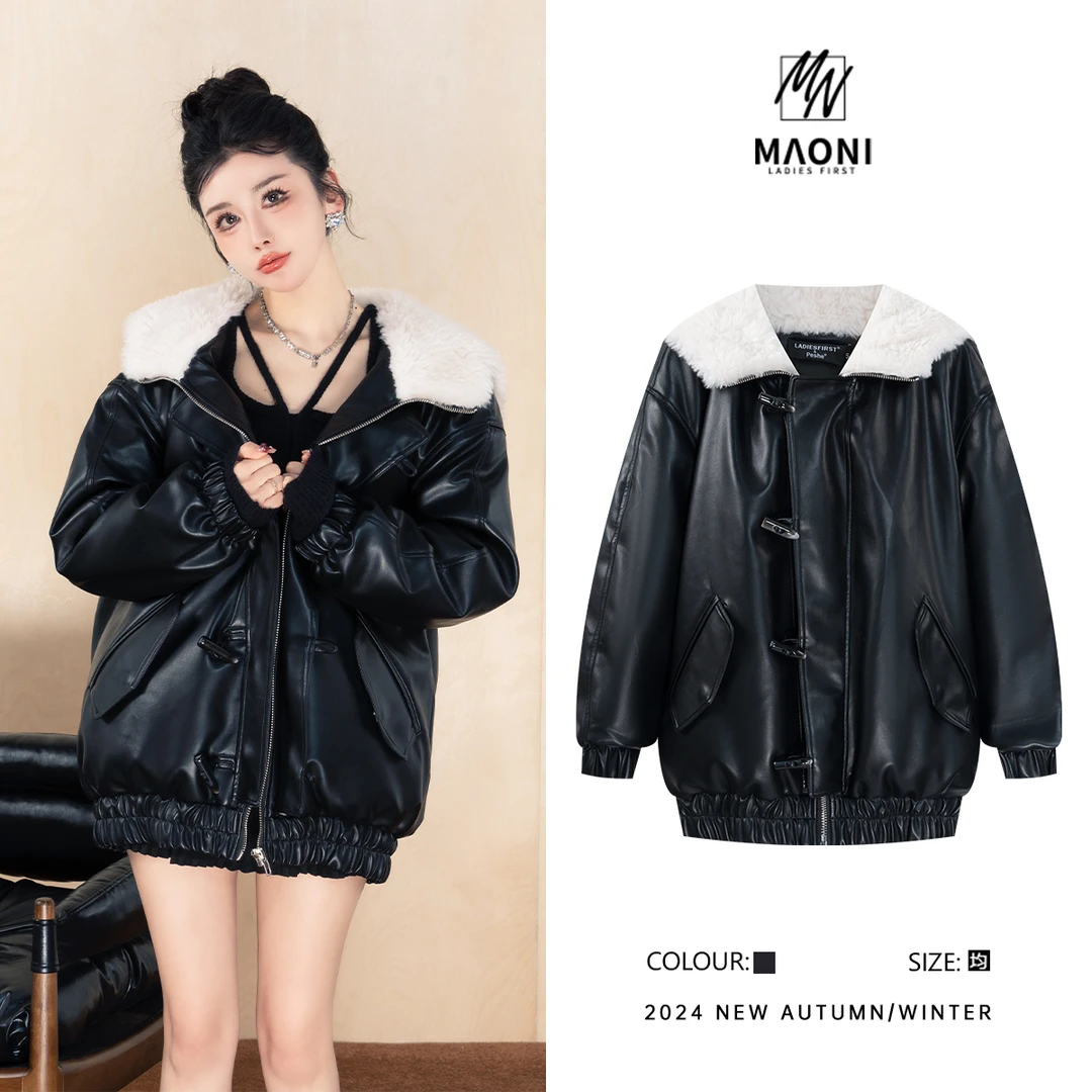 清-毛妮Peshe【酷飒主】2024牛角扣保暖毛绒PU派克服夹棉外套L1042