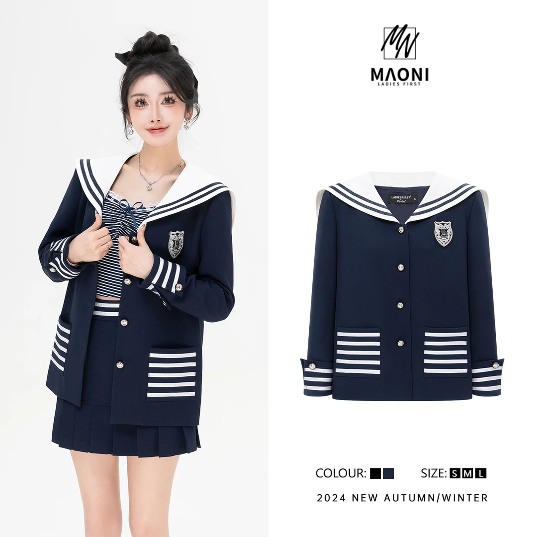 清-毛妮Peshe【海军学院】2024秋气质条纹撞色时髦百搭短外套D9833