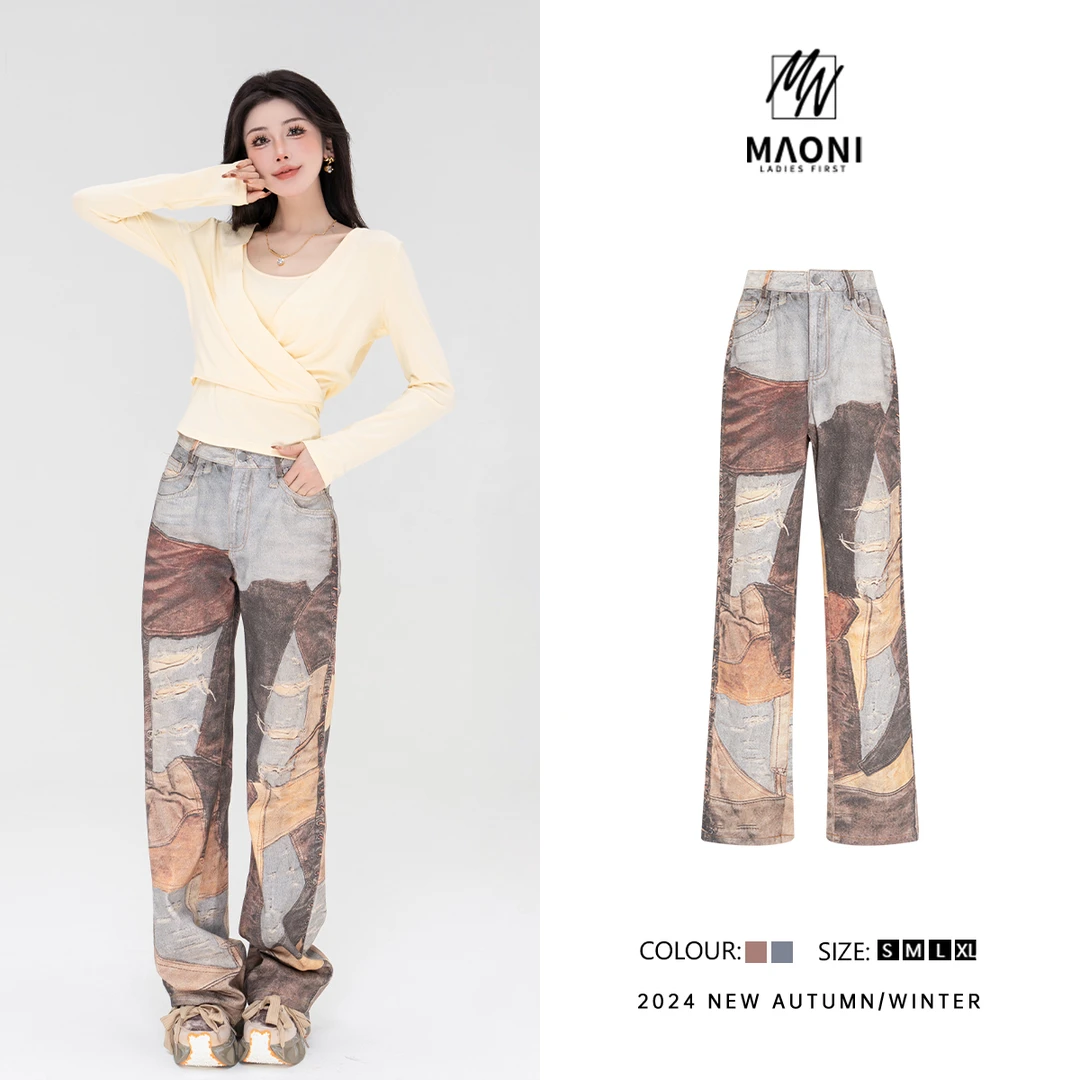 清-毛妮Peshe【梵高星空】2024秋款时髦设计感印花直筒休闲裤D9626