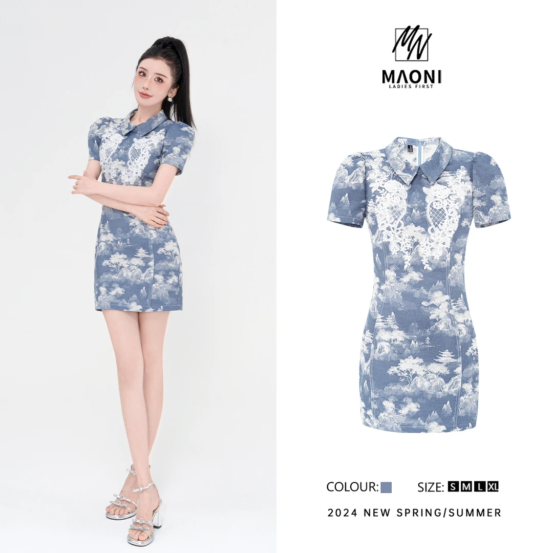 清-毛妮Peshe【青花瓷】2024夏季新中式国风泡泡袖修身连衣裙D9412