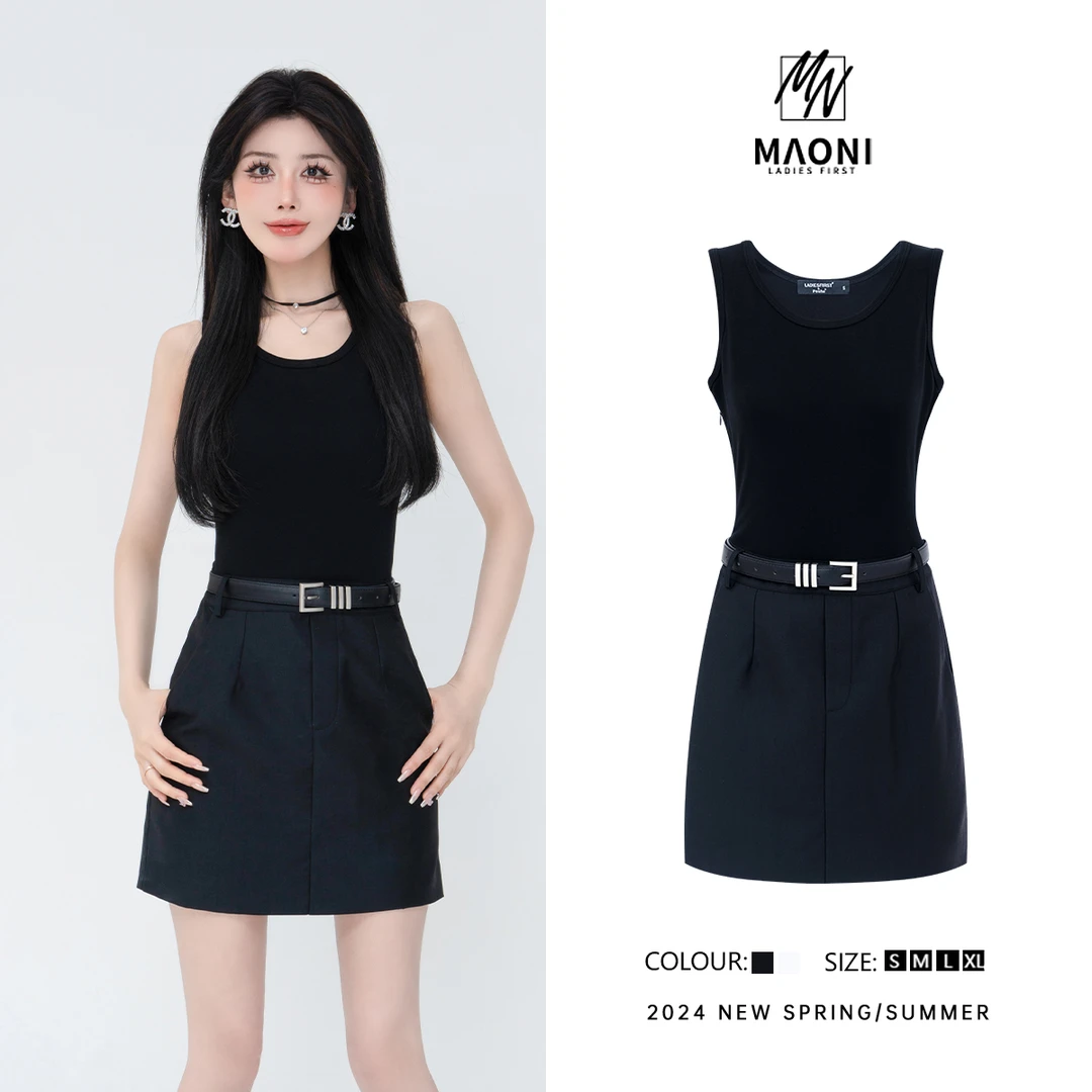 清-毛妮Peshe【辣妹修身】2024夏季赫本风设计感连衣裙配腰带D9371