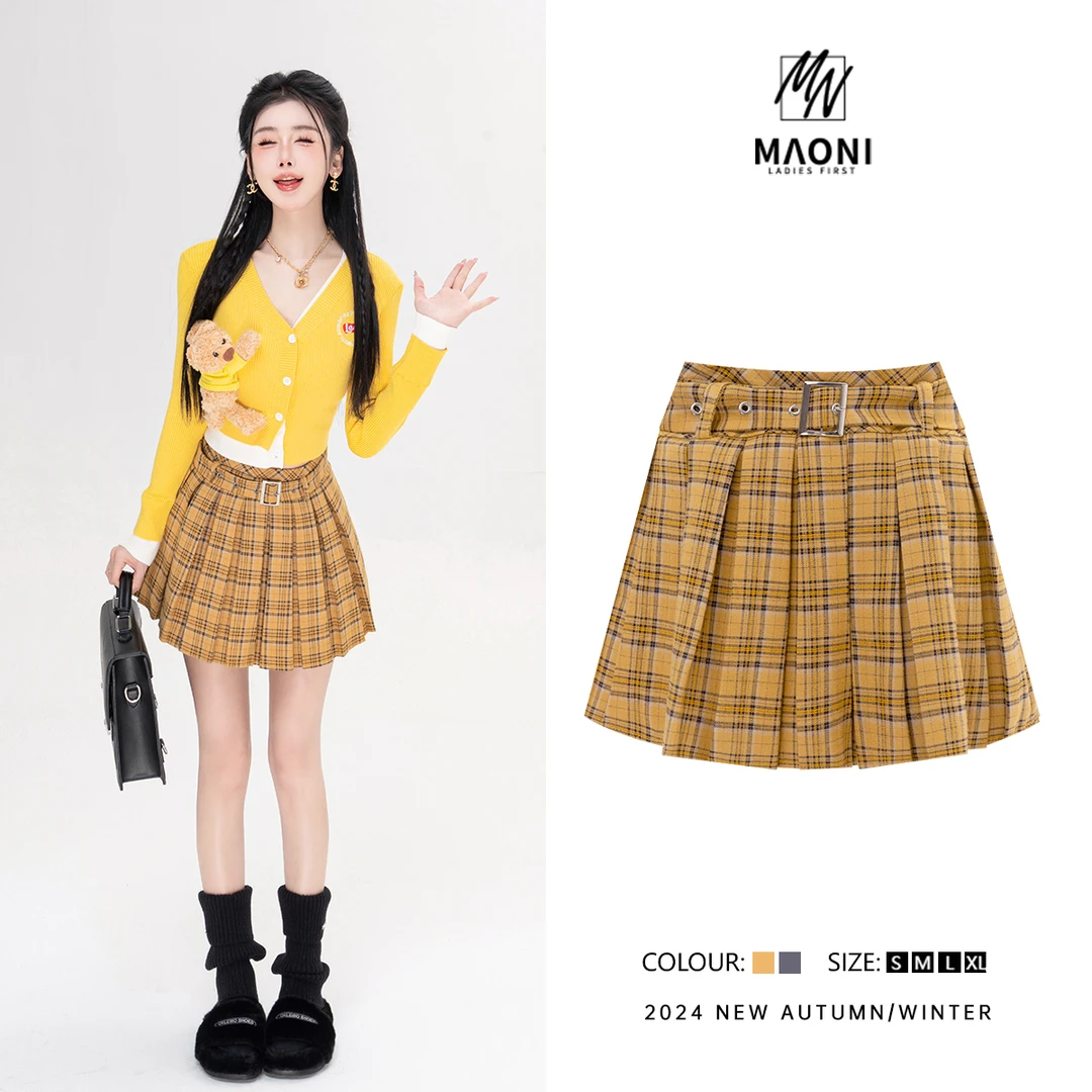 毛妮Peshe【青春格调】2025秋冬复古格纹百褶时尚短裤裙配腰带D9828
