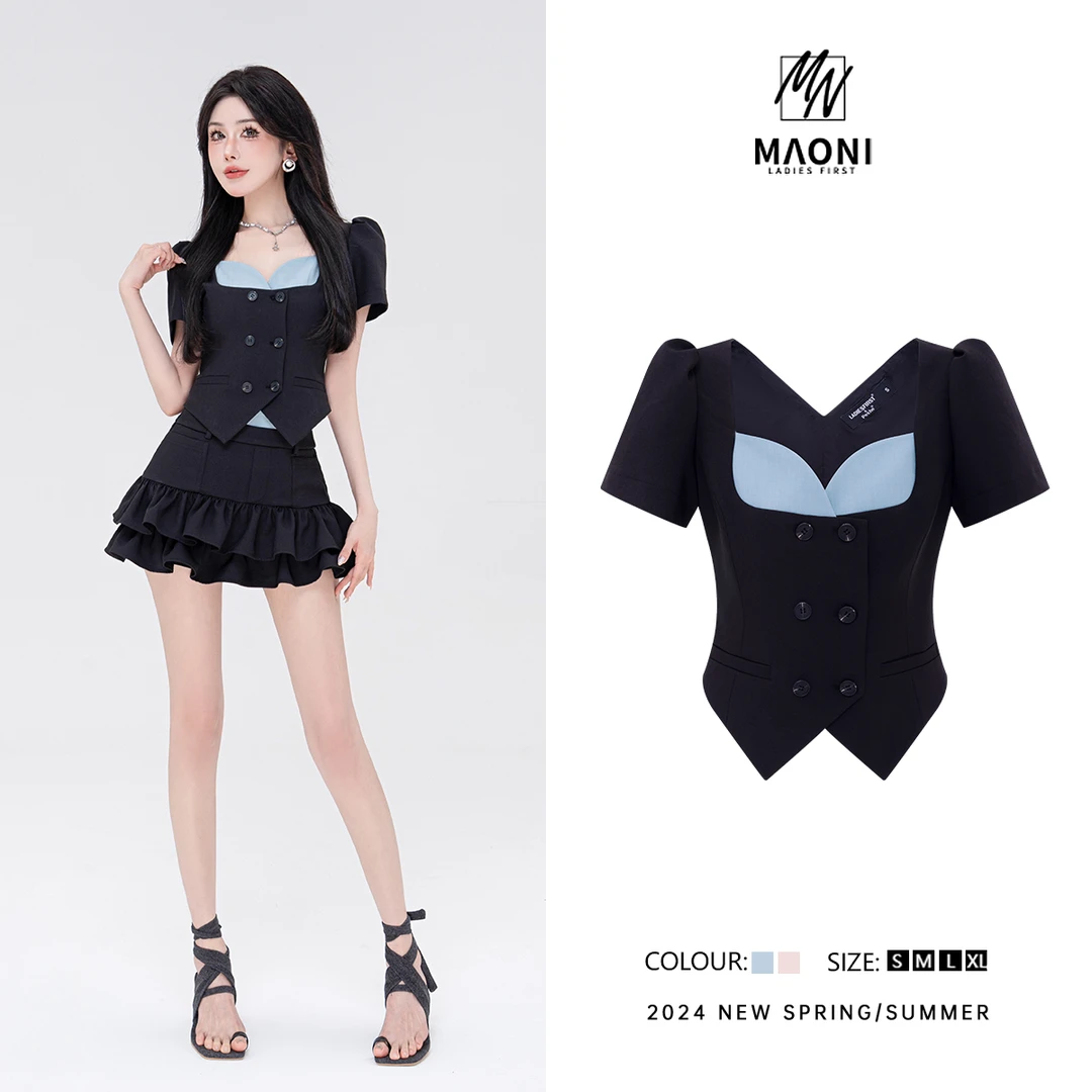 清-毛妮Peshe【撞色辣妹】2024夏季法式风时髦显瘦泡泡袖衬衫D9431