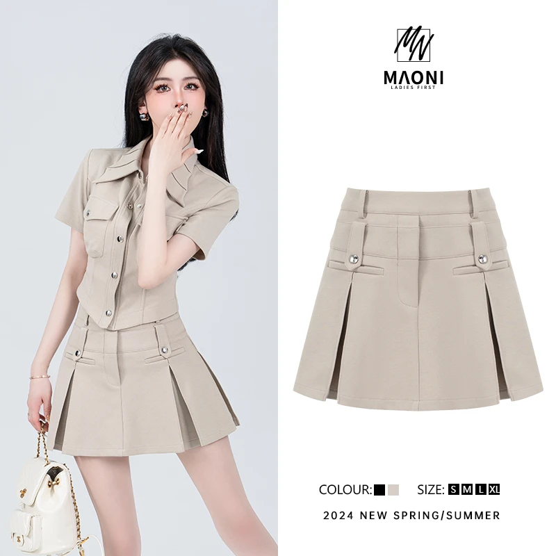 清-毛妮Peshe【小众个性】2024春款高腰开叉设计女装半身裙D9114