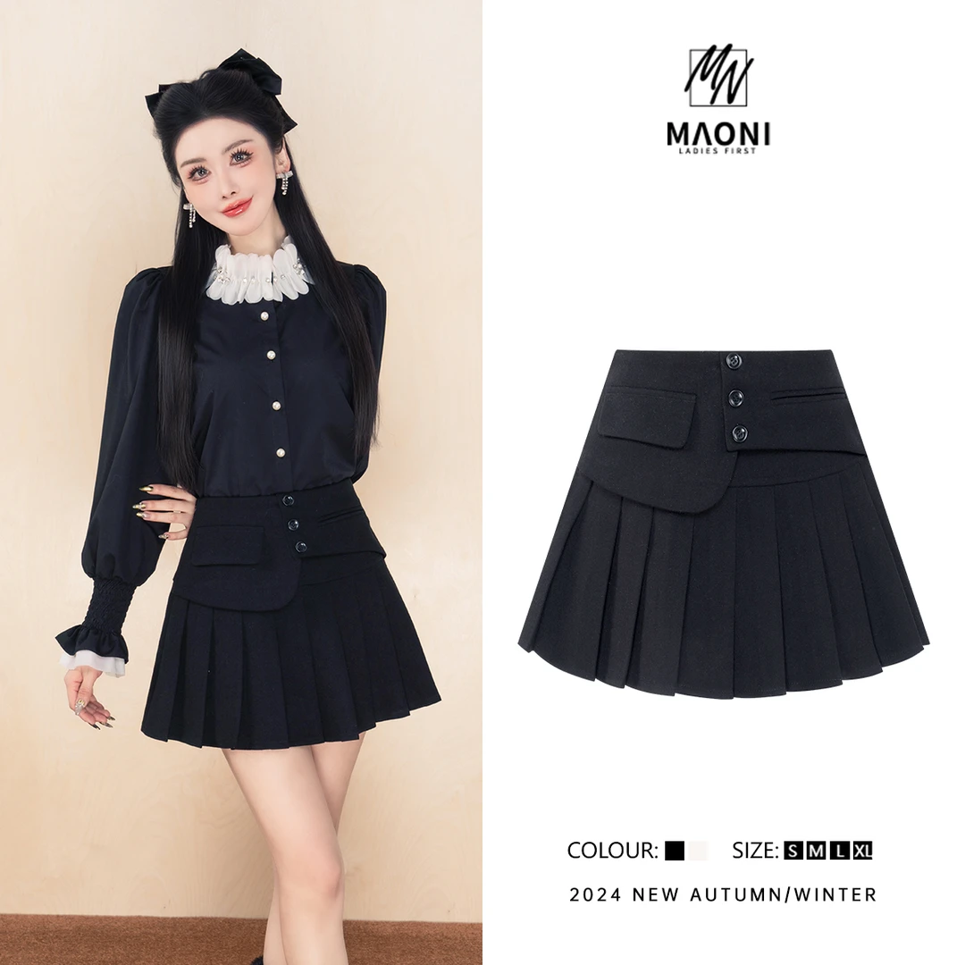 清-毛妮Peshe【高腰点缀】2024秋冬百褶显瘦设计感排扣短裤裙L1038