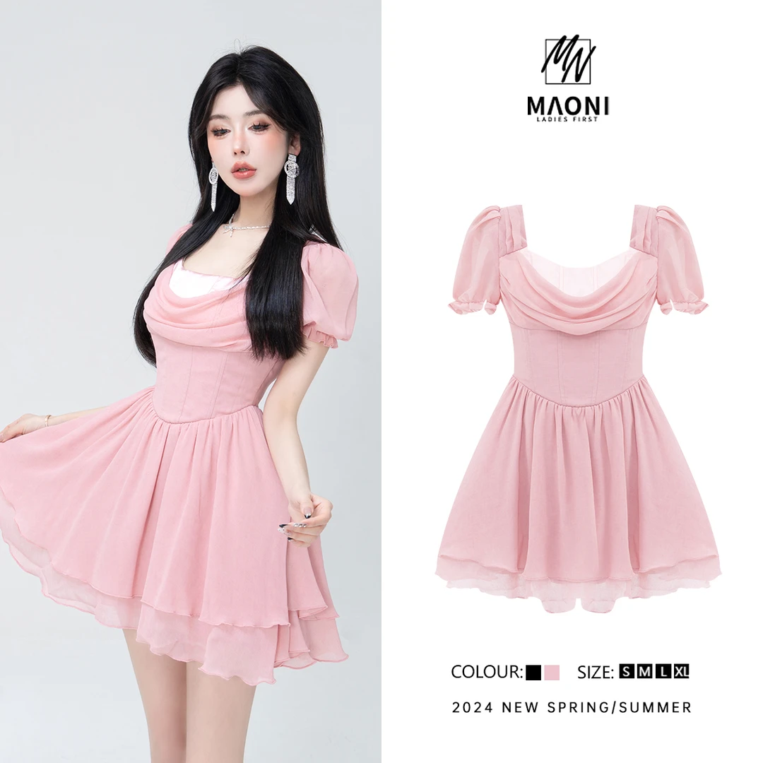 清-毛妮Peshe【缪斯女神】小个抽褶网纱高级清凉泡泡袖连衣裙D9283