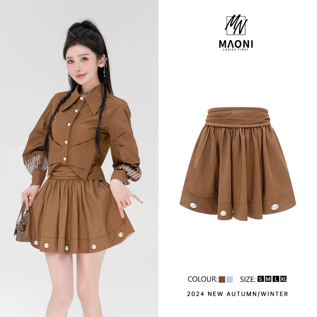 清-毛妮Peshe【珍珠少女】穿搭学院风高腰褶皱设计感短裤裙女D9510