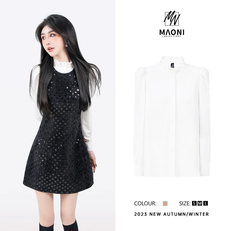 毛妮Peshe【精英白领】热力感英伦风减龄百搭木耳立领简约衬衫D8993