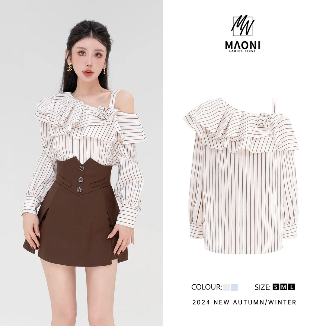 清-毛妮Peshe【清纯女神】穿搭斜肩气质荷叶边条纹长袖衬衫女D9591