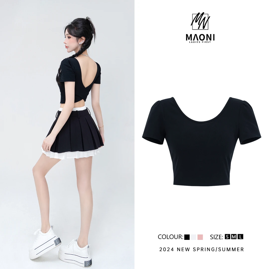 清-毛妮Peshe【纯欲战袍】2024显瘦交叉露背U领短T恤带胸垫女D9290