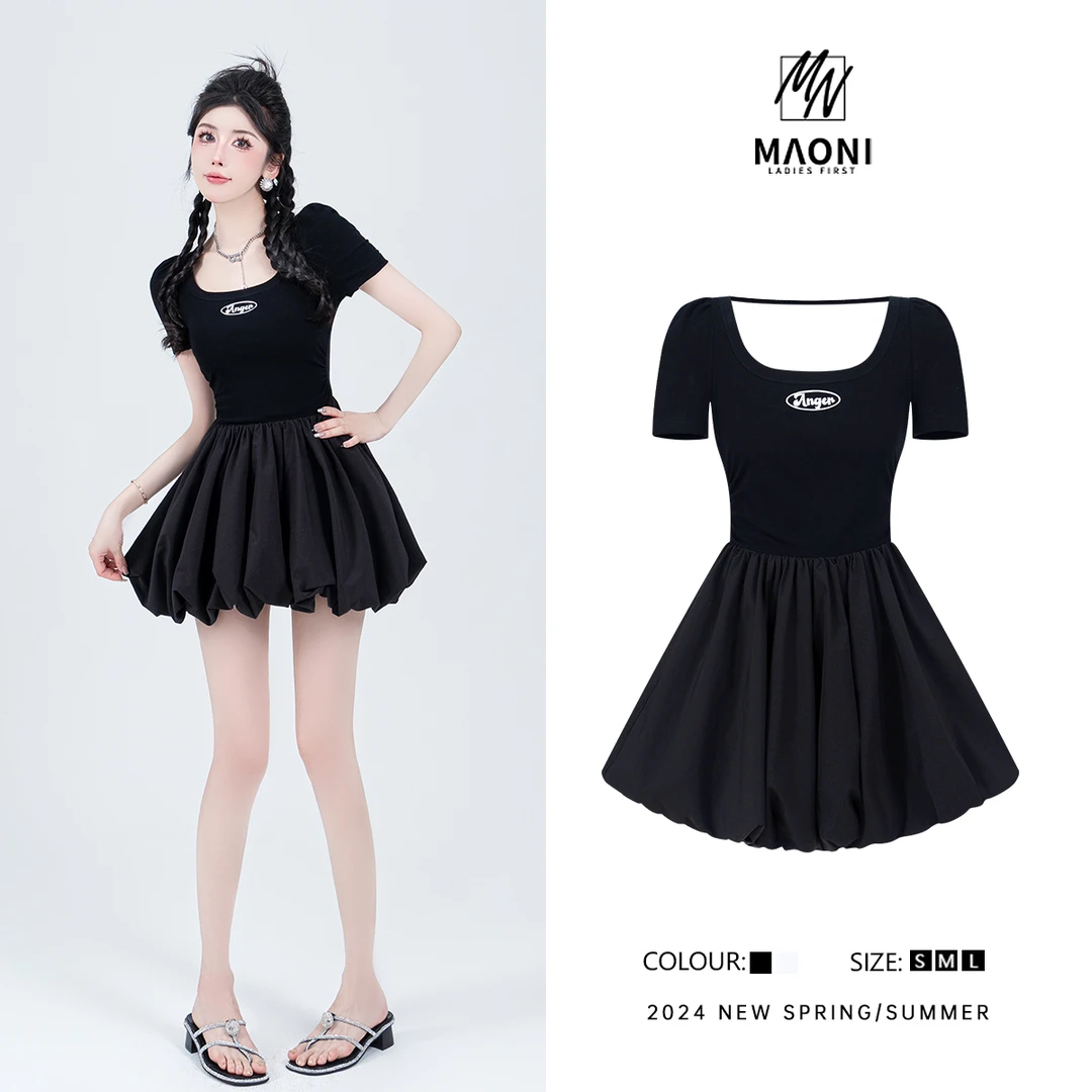 清-毛妮Peshe【休闲百搭】2024夏季设计感辣妹拼接名媛连衣裙D9266