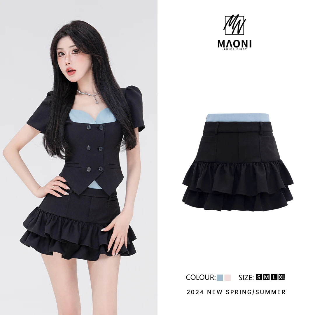 清-毛妮Peshe【超仙荷叶边】2024夏时髦高腰鱼尾甜辣妹半身裙D9437