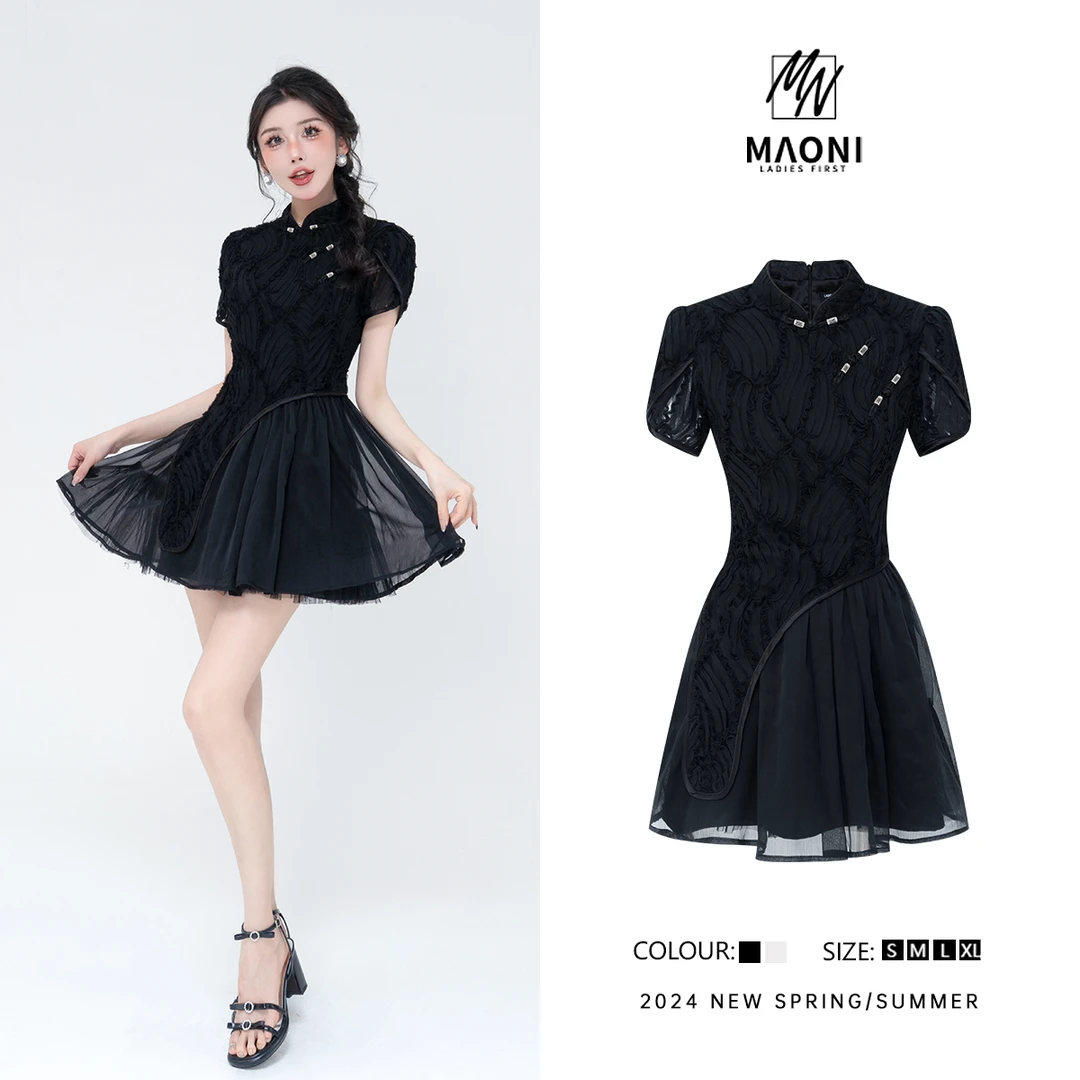 清-毛妮Peshe【窈窕淑女】2024夏中式绣花设计感泡泡袖连衣裙D9324