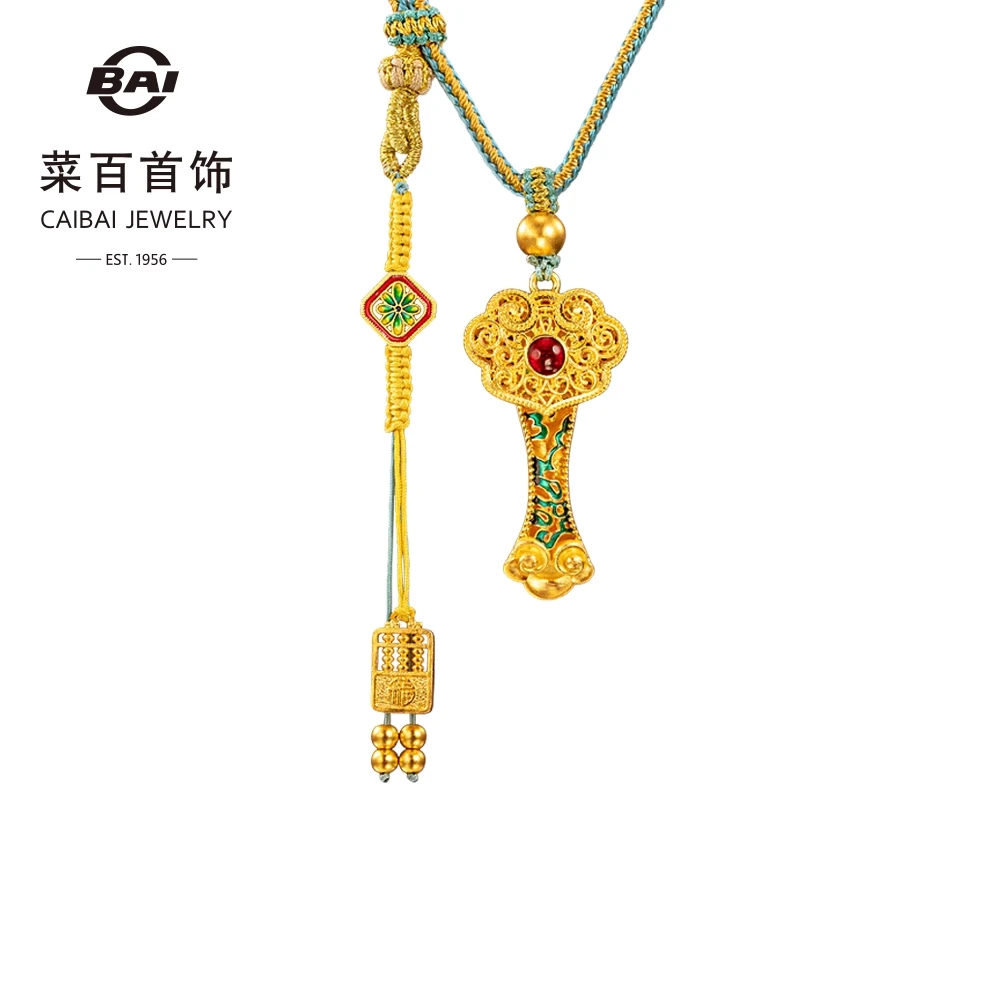 菜百首饰足金项链国潮风古法黄金鎏彩花丝如意编织项链送礼物