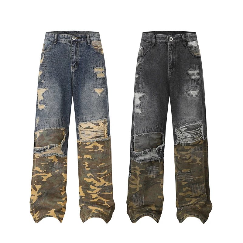 美式复古假两条拼接设计迷彩裤街头嘻哈直筒裤