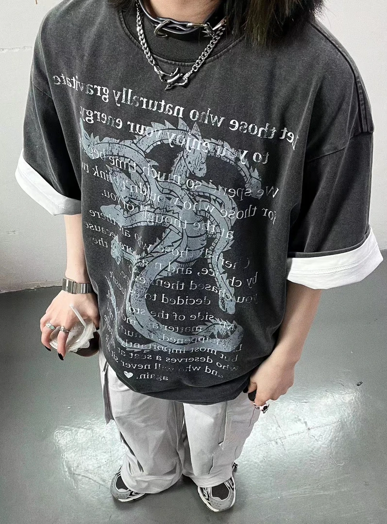 【字母龙】高街炸街简约260G洗水黑美式小领口打底宽松版型长袖