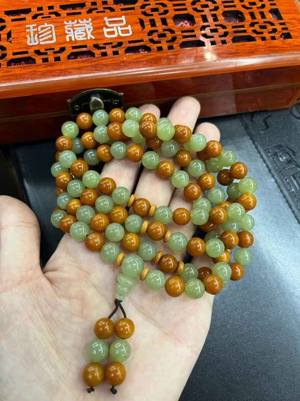 和田玉 黄绿色108粒佛珠卡8mm尺寸毛衣链饰品手链