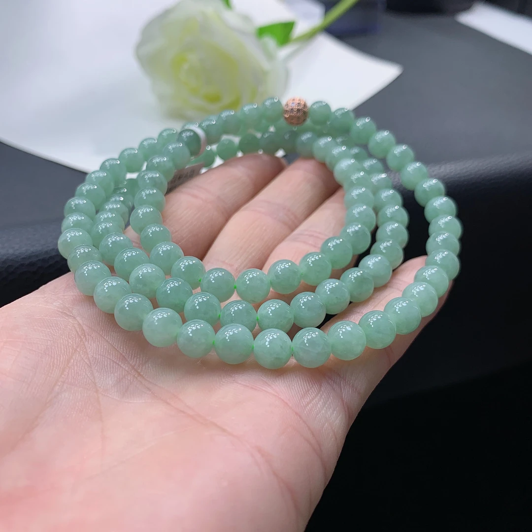 缅甸天然A货翡翠 晴水绿项链毛衣链翡翠长链  卡7.3mm 100颗