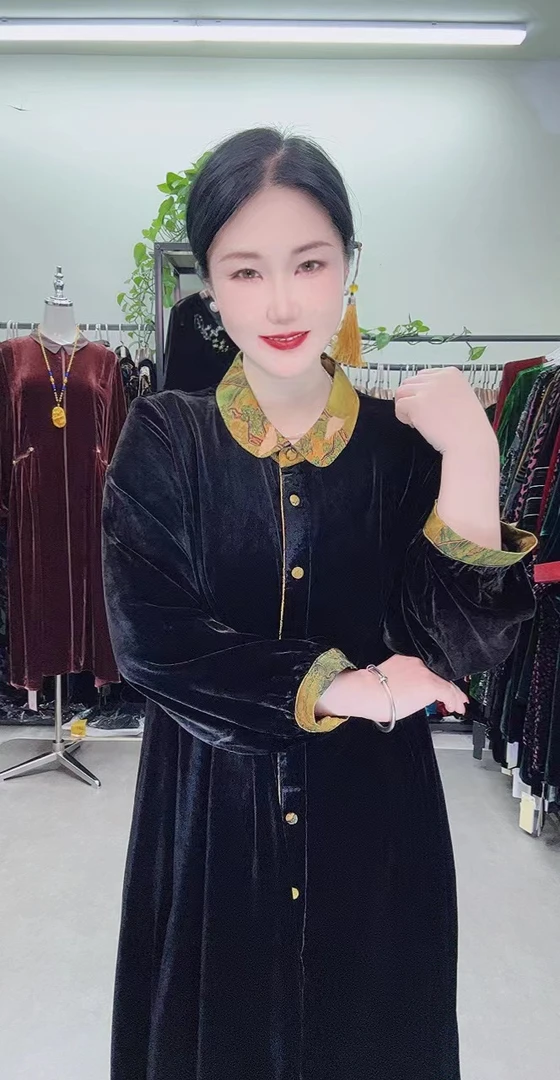 中老年桑蚕丝翻领中式连衣裙女装时尚