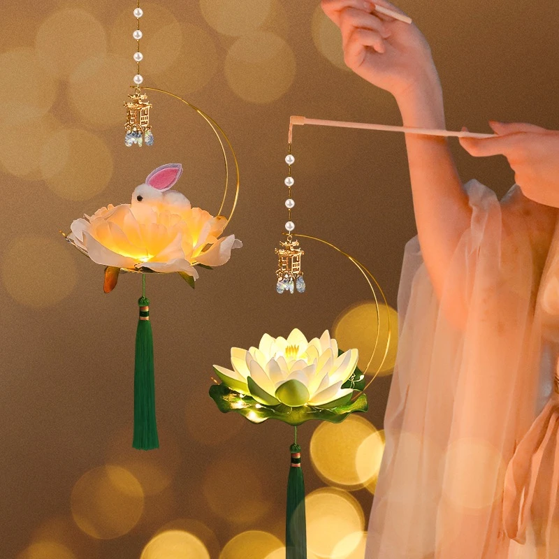 400古风中秋节玉兔灯笼手提发光荷花花灯手工diy材料制作包小夜灯