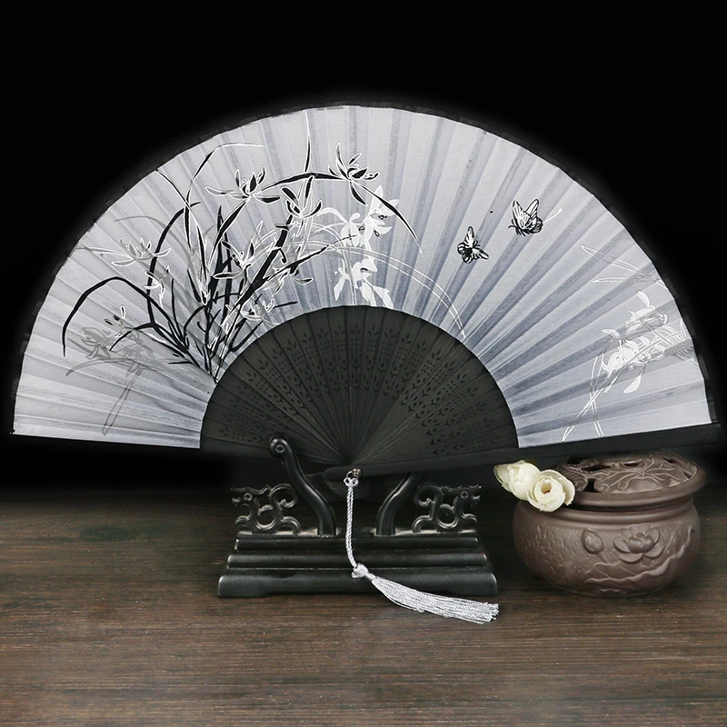 332幽兰韵蝶21cm-古风扇子流苏折扇中国风马面裙舞蹈扇便携绢扇