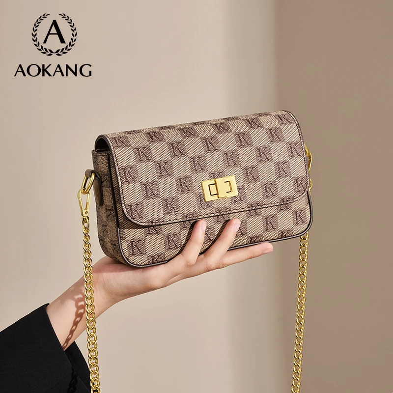 奥康2024新款时尚百搭棋盘格高级质感小方包斜挎爆款链条包-2366