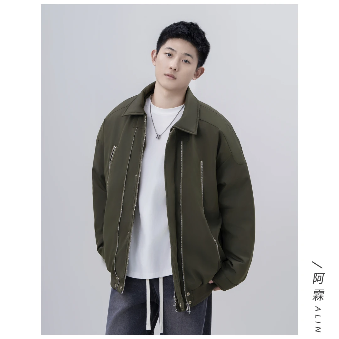 【ALIN】韩版加厚飞行夹克双拉链设计时尚潮流百搭棉衣外套W1228JM