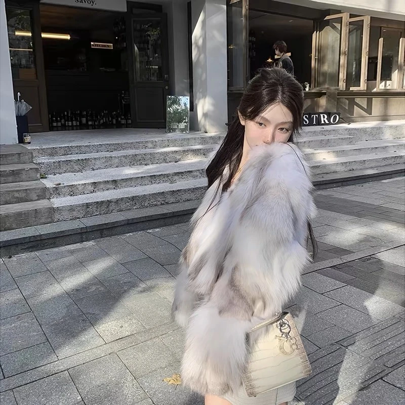 瑞秋【浅滩银珠】喜马拉雅色全真狐狸毛冬季新款外套短款气质网红