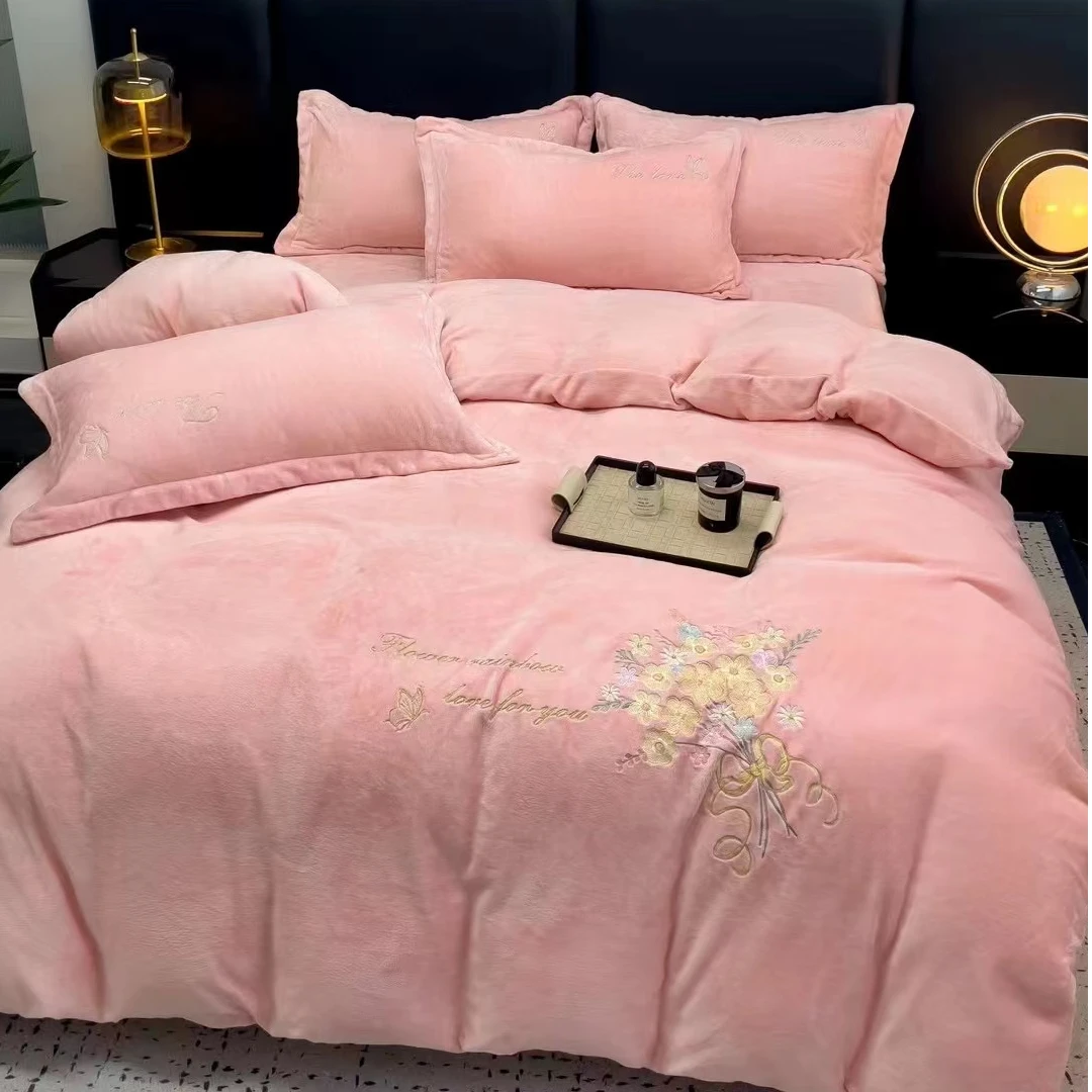 2024新款加绒加厚牛奶绒四件套冬季保暖舒适轻柔绣花奢款-蝶之恋