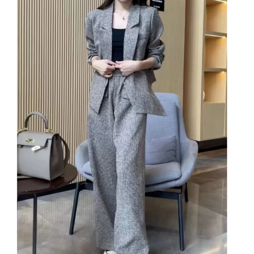 2024秋季新款不规则西服外套收腰显瘦阔腿裤重工烫钻气质两件套