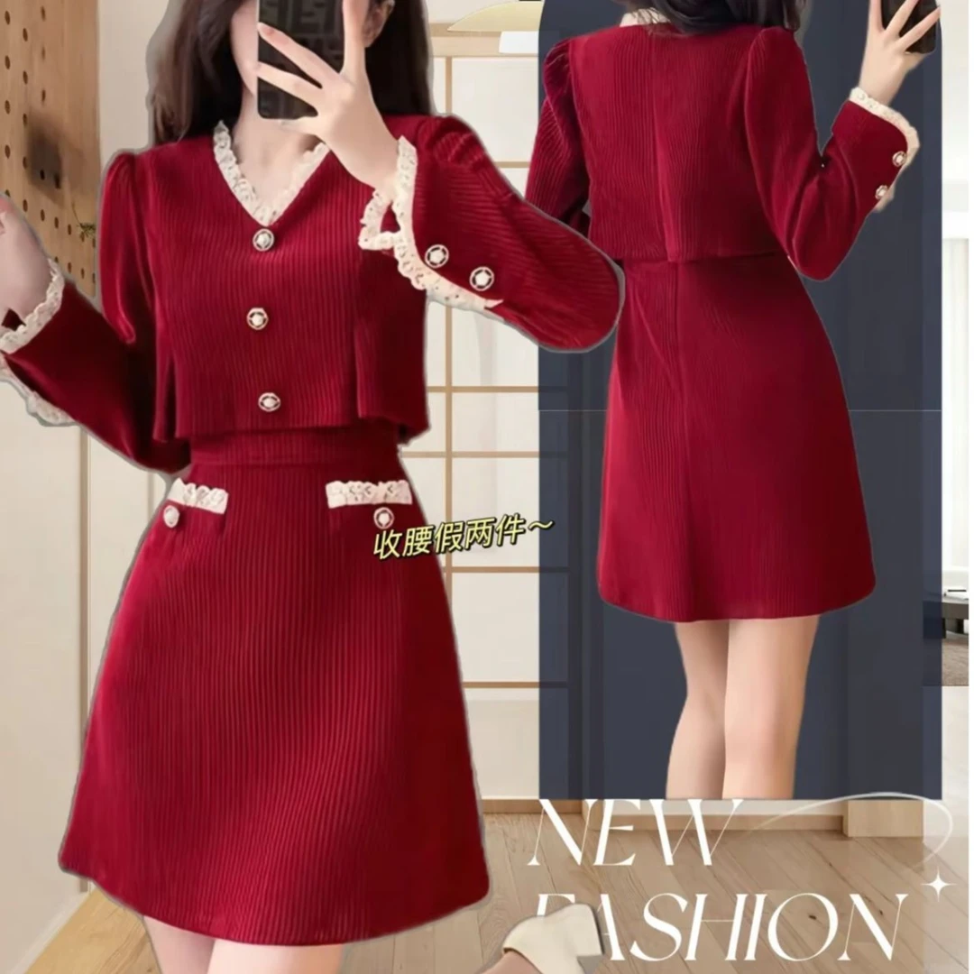 2023冬季年款时尚洋气百搭遮肉显瘦气质小香风名媛假两件连衣裙女